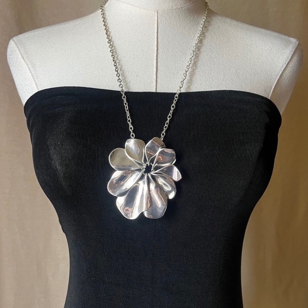 RLM Soho Sculptural Flower Pendant Necklace Silver Tone Statement